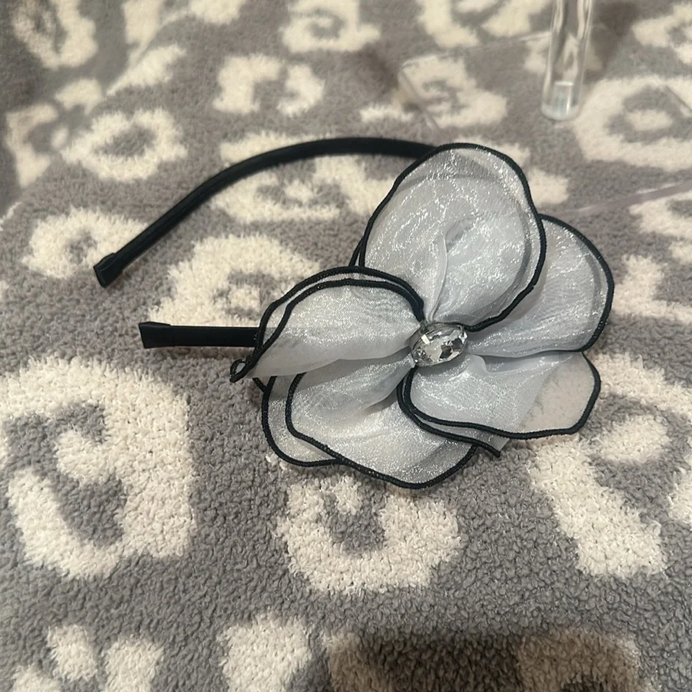 Tasha Black Band with Elegant Sheer White Flower with Clear Rhinestone Headband - Picture 14 of 17